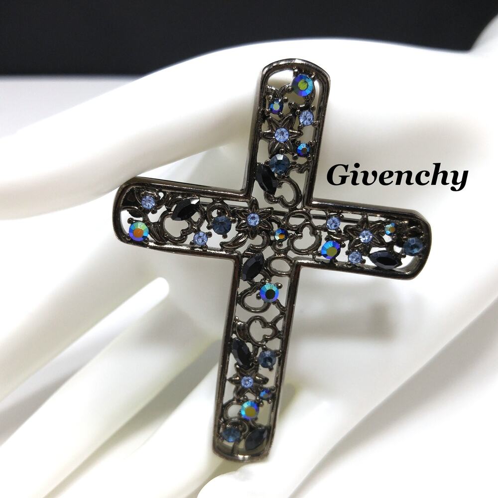 Givenchy Large Cross Brooch, Aurora Borealis Blue Rhinestones, 1990s Vintage